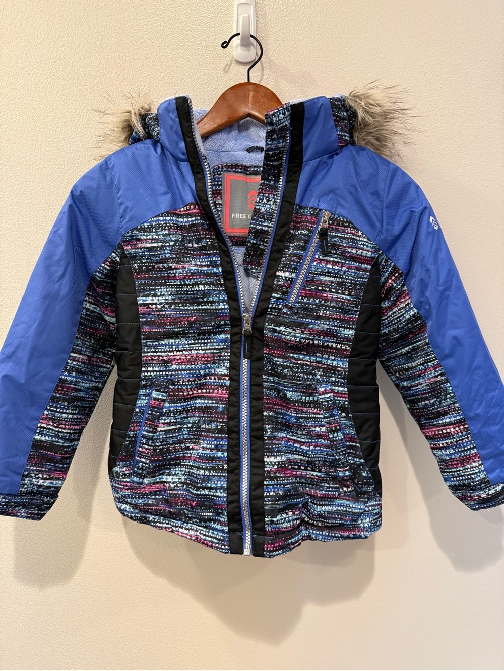 Free Country Blue Multi-Pattern Girls' Puffer Jacket with Faux Fur Hood